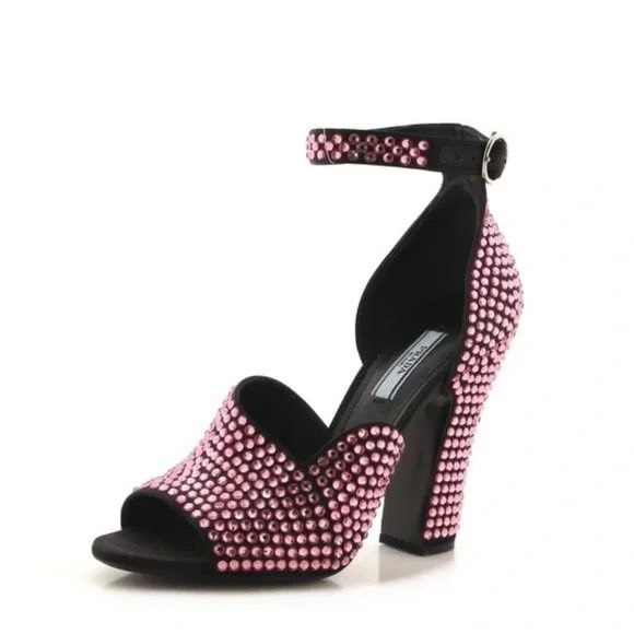 Prada Shoes - Prada Embellished Crystal Ankle Strap Block Heel Sandals Pink Women's Shoes 38.5